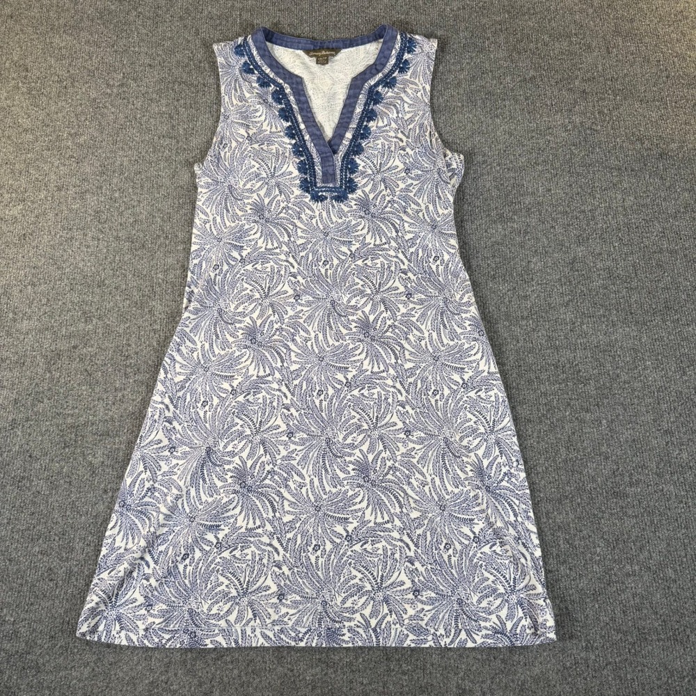 Tommy Bahama Womens XS Blue Palm Print Embroidered Split Neck Shift Dress 3709‎